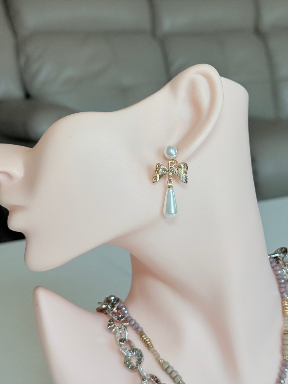 Gold Bow and Pearl Drop Earrings - Elegant White Pearl Dangle